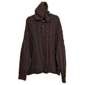 Minga Eli Cable Knit Sweater Womens Size XXXL Brown Wool Blend Hooded Full Zip